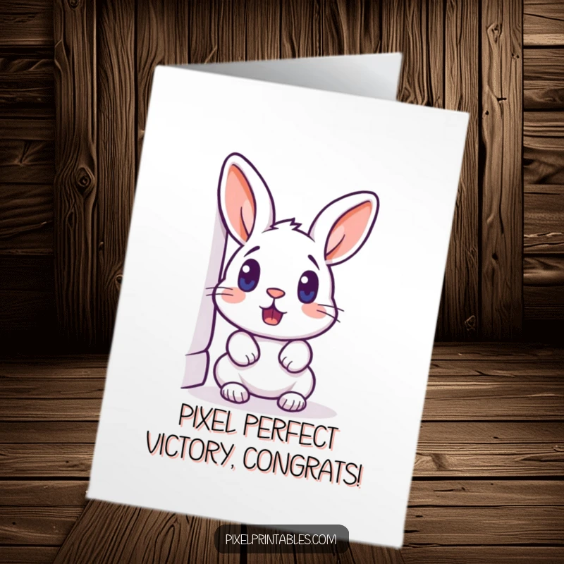 Funny Free Printable Congrats Card: A pixelated rabbit peeking in surprise around a corner, perfect for unexpected good news.