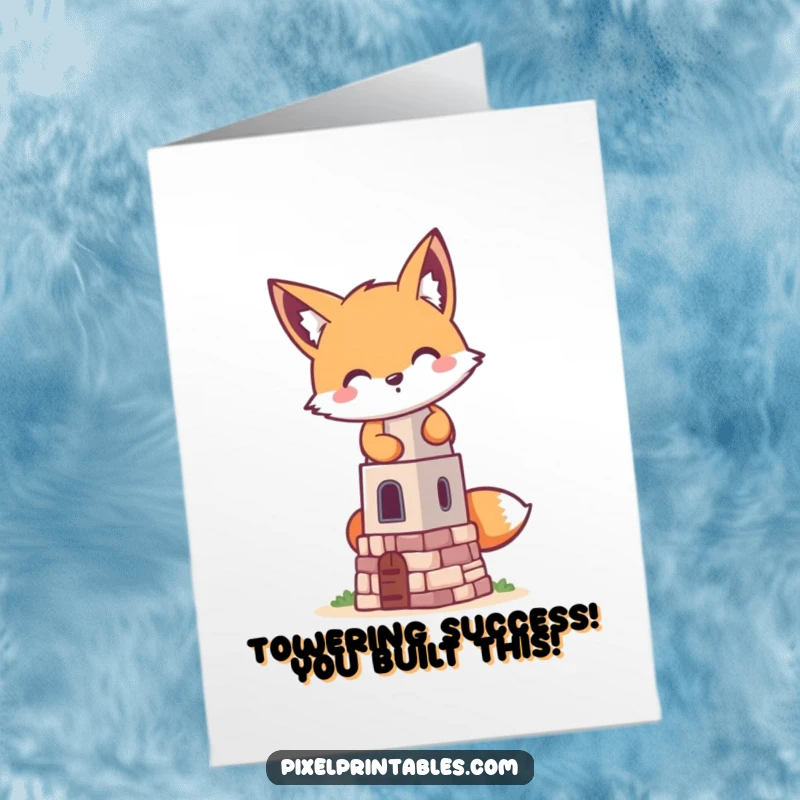 Funny Free Printable Congrats Card: A pixel fox is focused on building a miniature pixelated tower, retro game style.