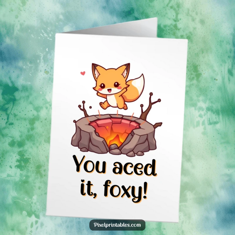 Funny Free Printable Congratulations Card: Cute fox character leaping over a pixelated lava pit, a daring downloadable art.