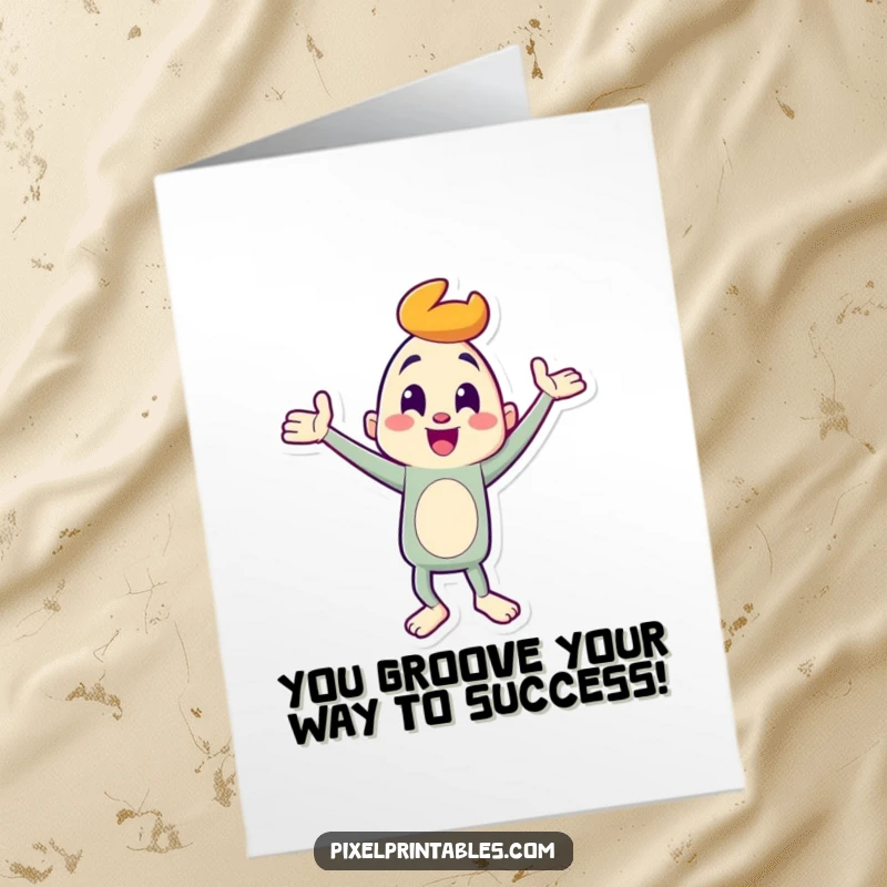 Funny Free Printable Congratulations Card with a character performing an energetic and goofy dance, celebrating success.