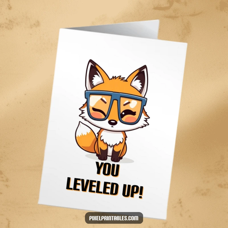 Funny Free Printable Congratulations Card: Pixel fox winks while adjusting glasses, celebrating your success with pixel flair.