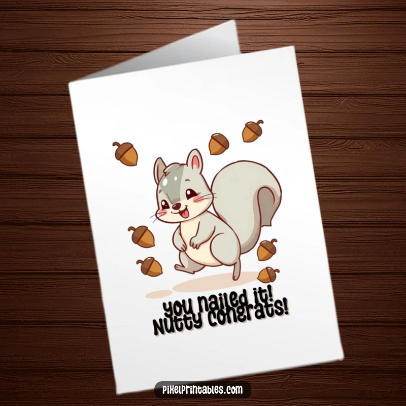Funny Free Printable Congrats Card: A cartoon squirrel comically dodges falling pixelated acorns, narrowly escaping disaster.
