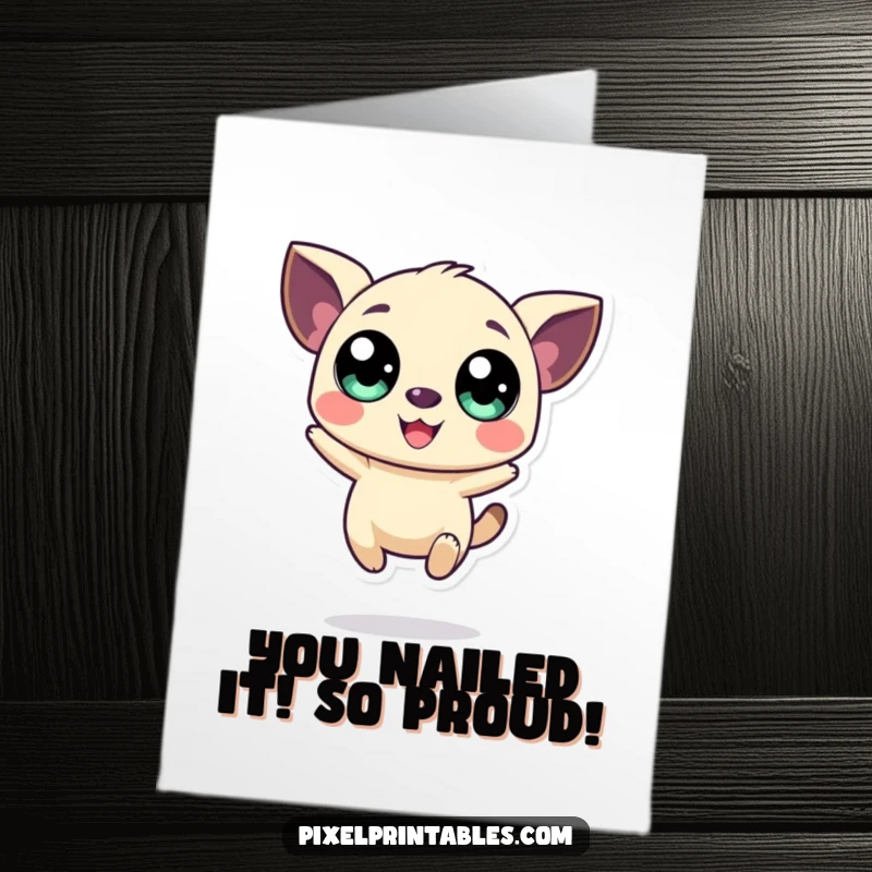 Funny Free Printable Congratulations Card: A large-eyed pixel creature mid-jump, expressing boundless excitement and achievement.