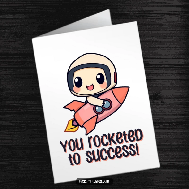 Funny Free Printable Congrats Card: A happy pixel character on a rocket signifies a successful launch and achievement.