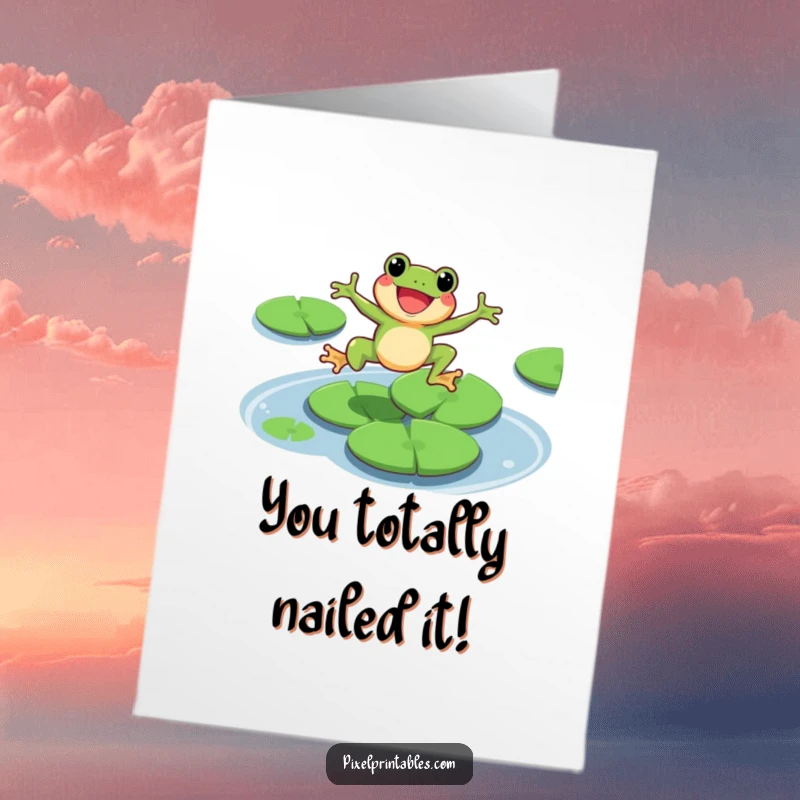 Funny Free Printable Congratulations Card: Pixel frog making a triumphant leap across lily pads, celebrating success with enthusiasm.