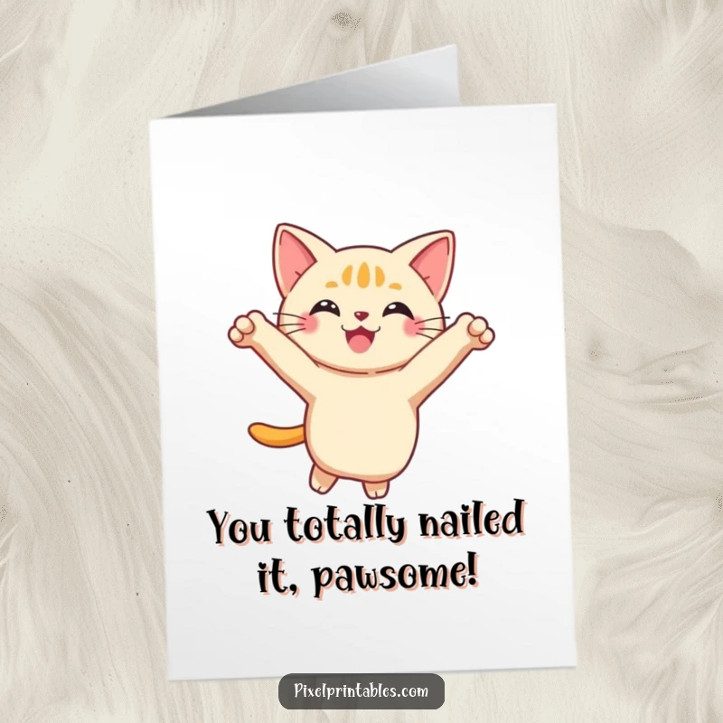 Funny Free Printable Congratulations Card: A smiling pixelated cat executes a playful leap, celebrating your win.