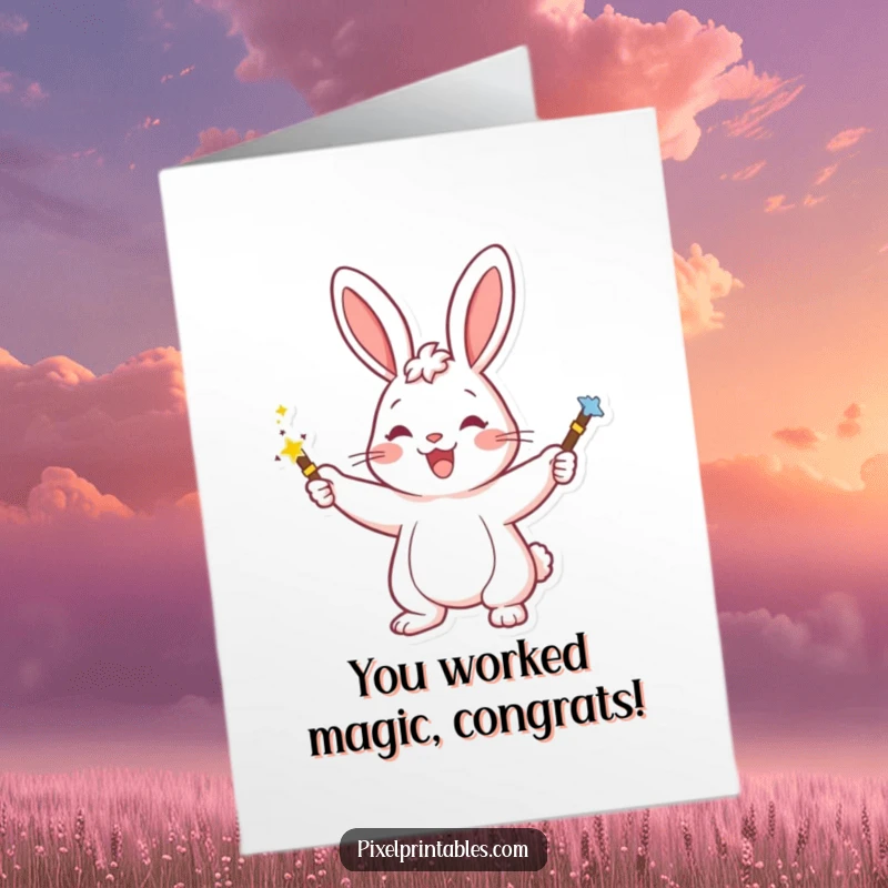 Funny Free Printable Congratulations Card: Happy rabbit character waving a pixelated magic wand, a magical downloadable art.