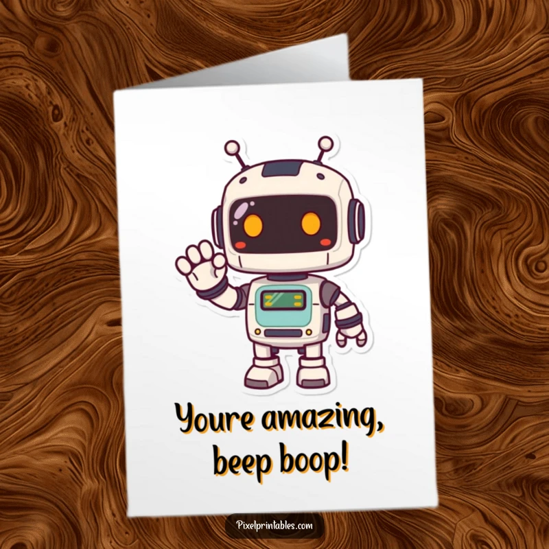 Funny Free Printable Congratulations Card: A happy pixelated robot waves, celebrating your success energetically.