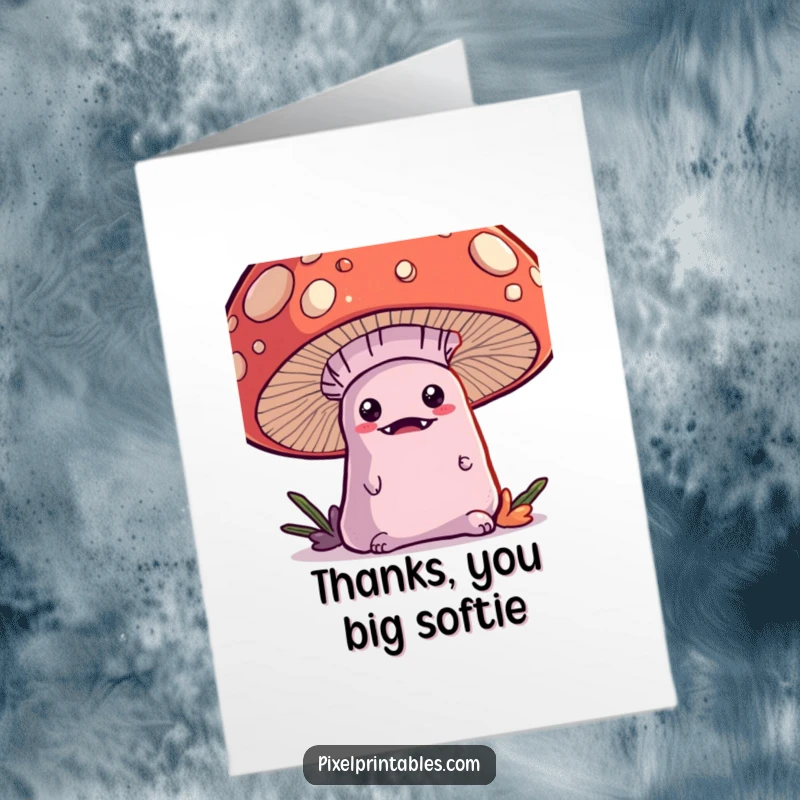 Funny Free Printable Kawaii Monster Thank You Card: Cute monster peeks from pixel mushroom, expressing thanks.