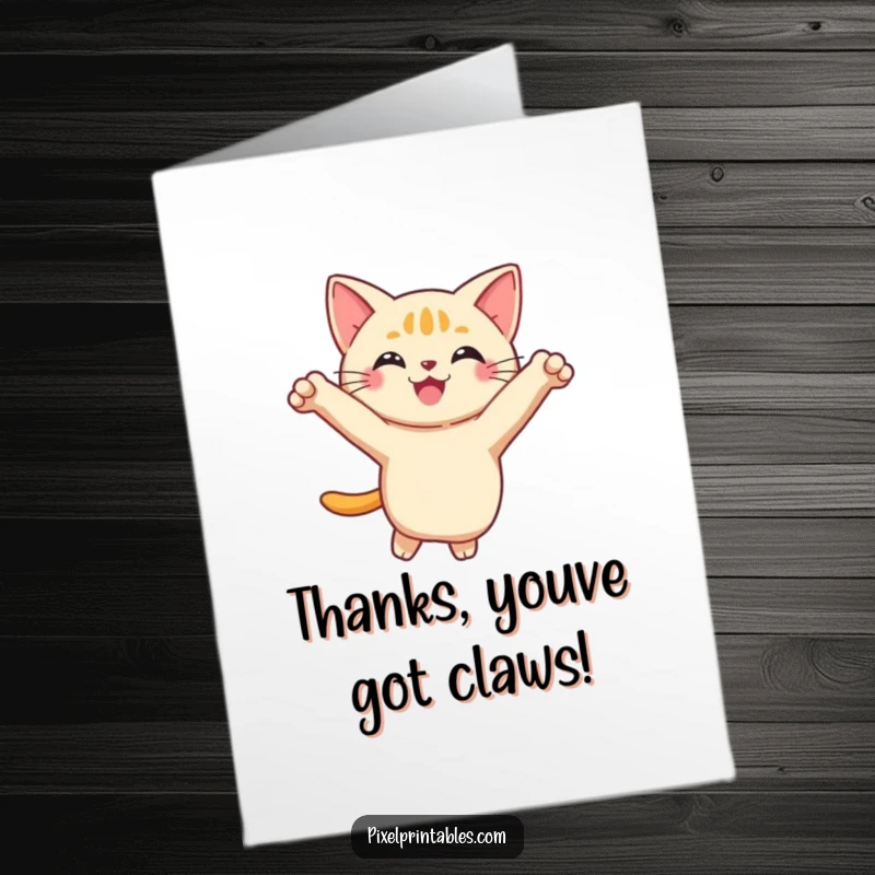 Funny Free Printable Thank You Card: A pixelated cat springs into a playful leap, showing gratitude.