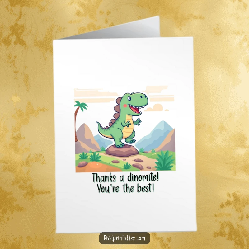 Funny Free Printable Thank You Card: Excited pixelated dinosaur stomping with gratitude in a retro game landscape, saying thanks.