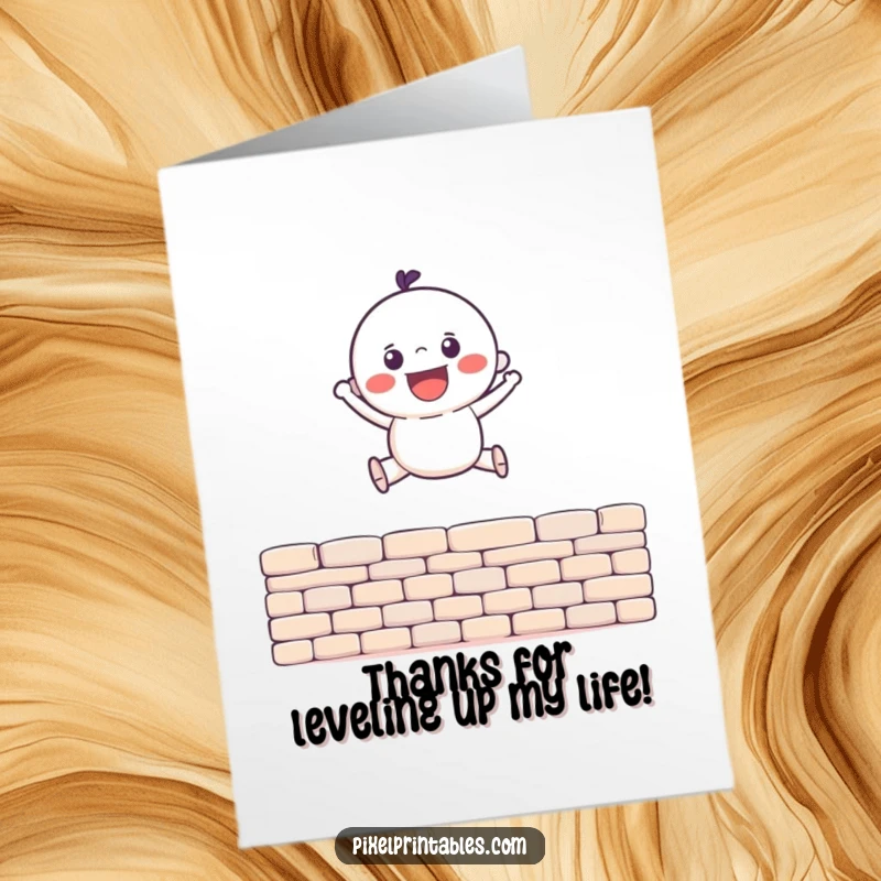 Funny Free Printable Thank You Card: Gleeful pixel character jumps over a pixel wall, expressing cheerful thanks.