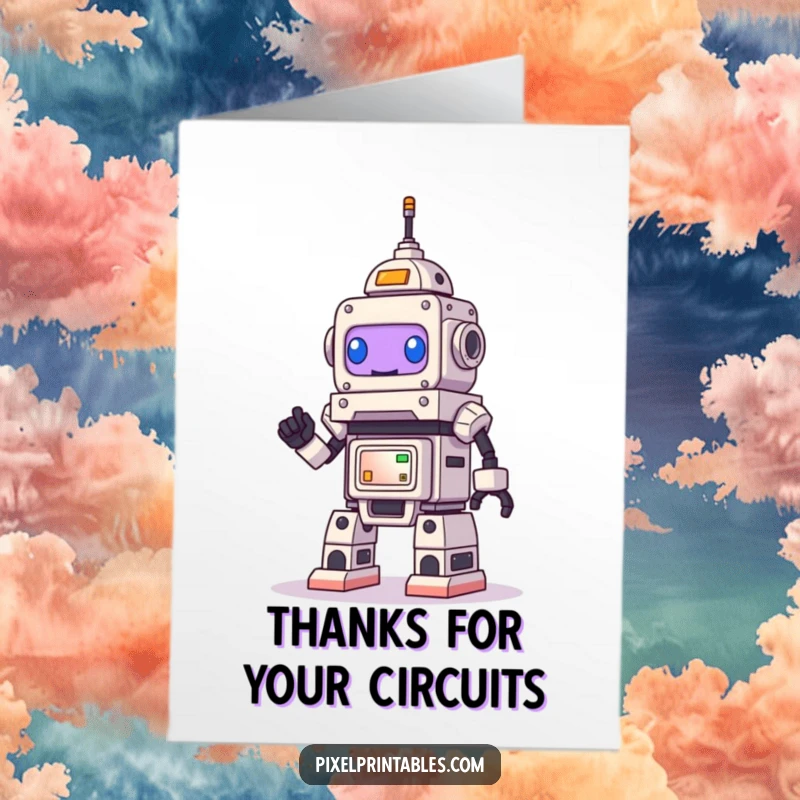 Funny Free Printable Robot Thank You Card: Determined bot smiles building pixel art, expressing thanks.