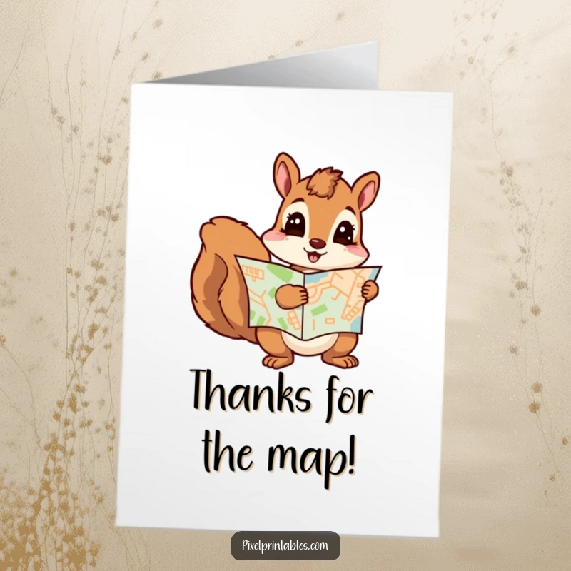 Funny Free Printable Thank You Card: A curious squirrel holds a pixelated map, guiding thanks. Downloadable art.