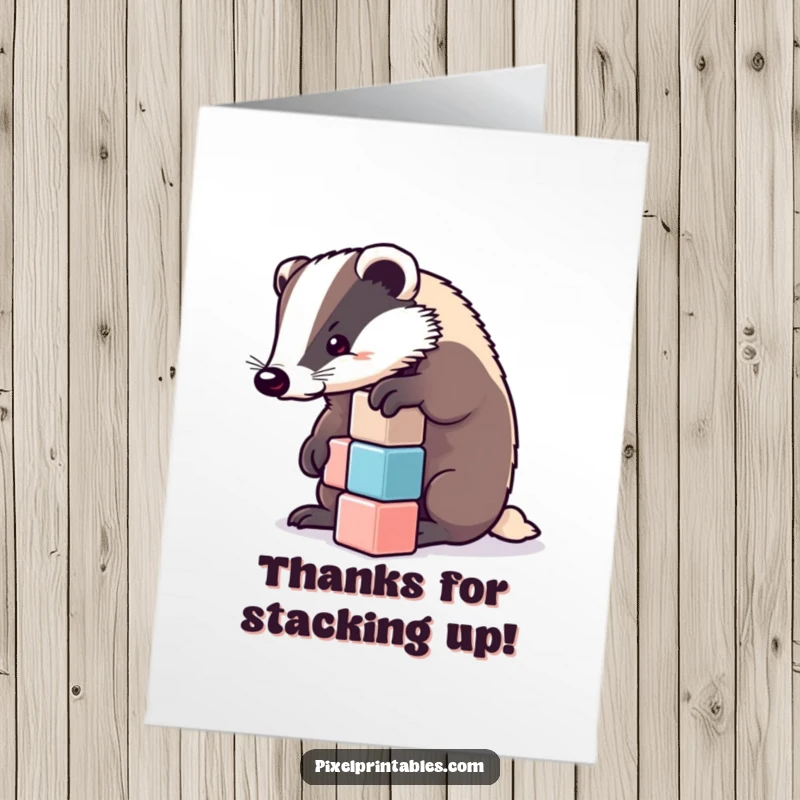 Funny Free Printable Thank You Card: A determined badger precisely stacks pixelated cubes in a show of thanks. Downloadable art.