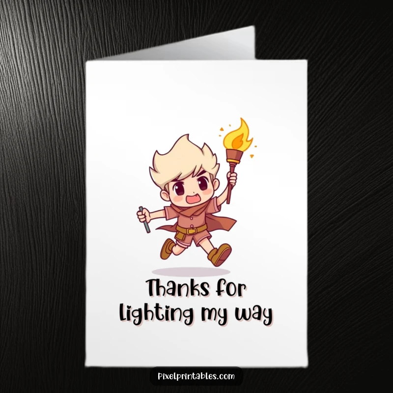 Funny Free Printable Thank You Card featuring a determined character running with a torch, expressing thanks with humor.