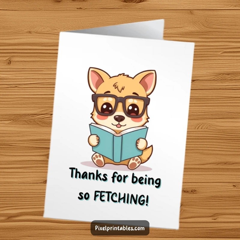 Funny Free Printable Thank You Card: Silly dog character wearing pixelated glasses, reading a book and looking thoughtful.