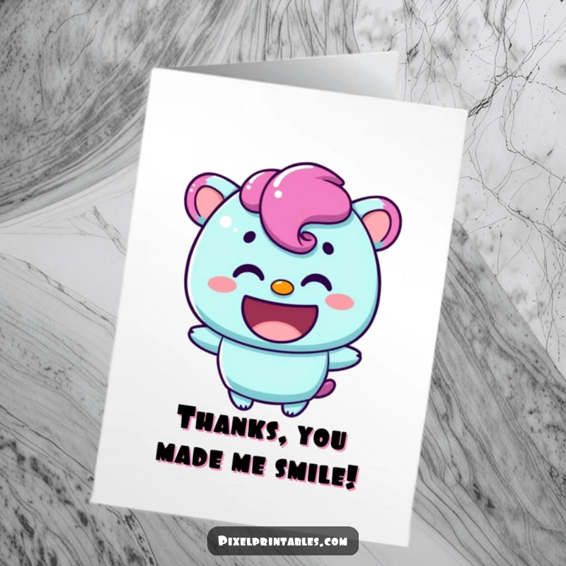 Funny Free Printable Thank You Card: A content pixelated character with a warm smile, conveying heartfelt thanks with cheerful simplicity.