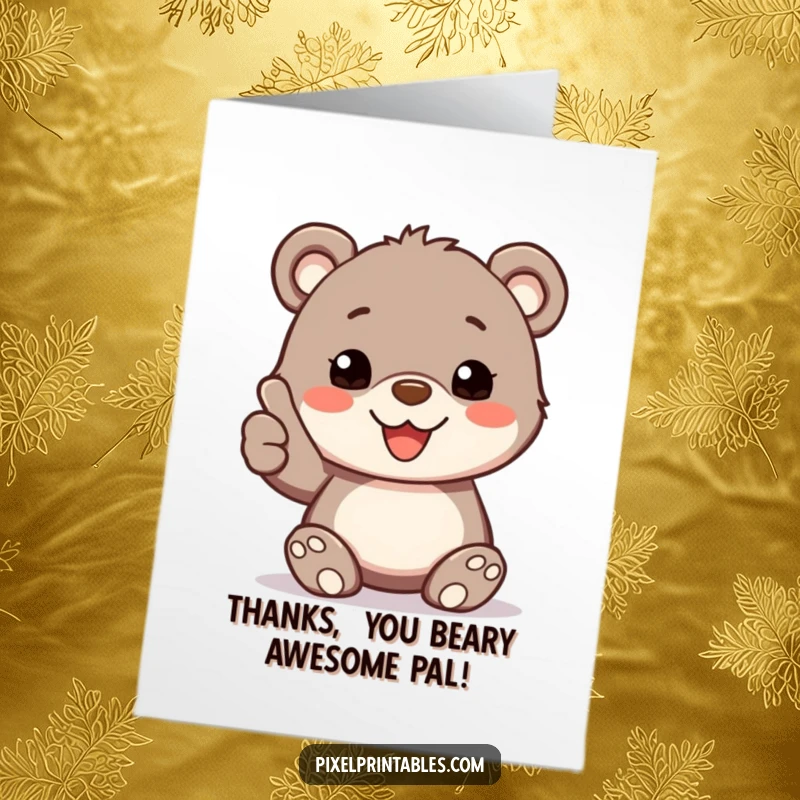 Funny Free Printable Thank You Card featuring a pixelated bear cub giving a friendly thumbs up, conveying thanks.