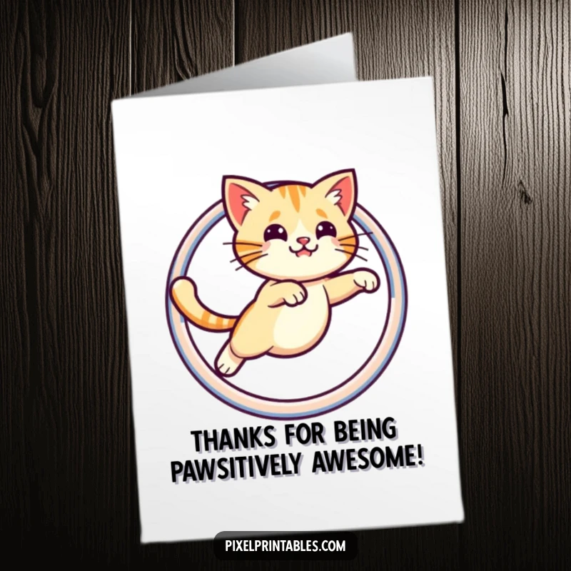 Funny Free Printable Thank You Card: Pixelated cat jumping through a hoop. A cool, downloadable gift of gratitude.