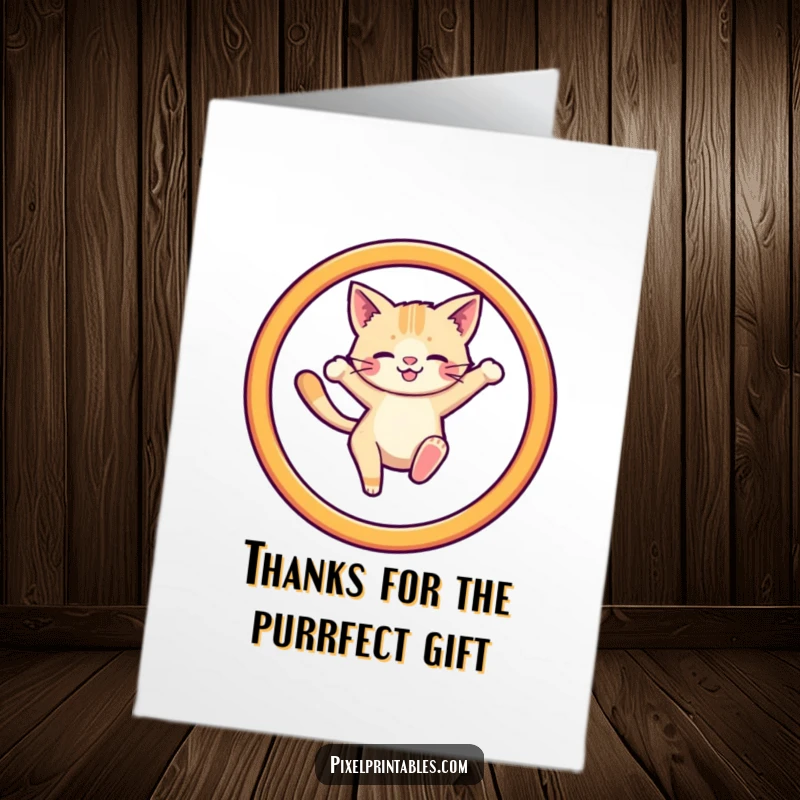 Funny Free Printable Thank You Card: A cute pixelated cat mid-leap through a pixelated hoop, conveying thanks with retro charm and a touch of humor.