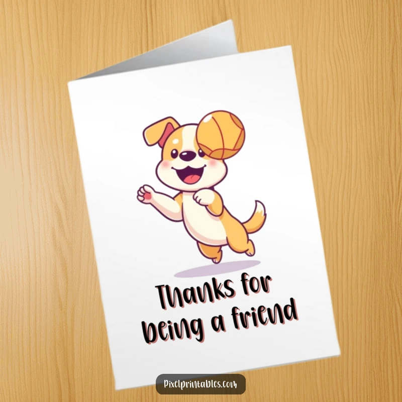 Funny Free Printable Thank You Card: A happy pixelated dog catching a pixelated ball mid-air, showing appreciation with retro canine charm.
