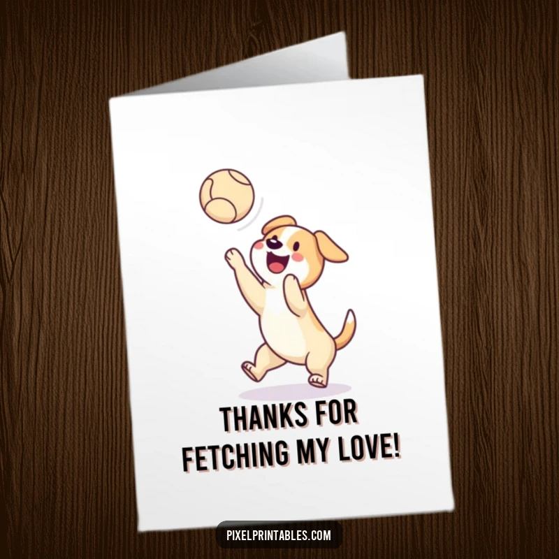 Funny Free Printable Thank You Card: Pixelated dog catching a pixelated ball. A fun, downloadable gift of gratitude.