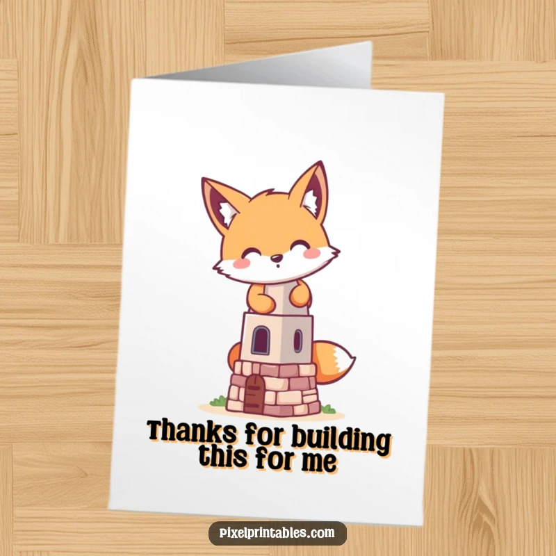 Funny Free Printable Thank You Card: A pixel fox meticulously constructs a small pixel tower, retro game aesthetic.