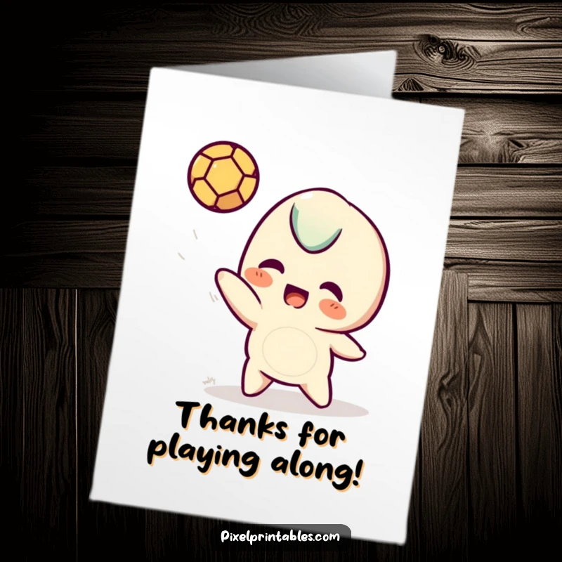 Funny Free Printable thank you card: A pixelated character playing fetch with a pixelated ball, sending thanks.