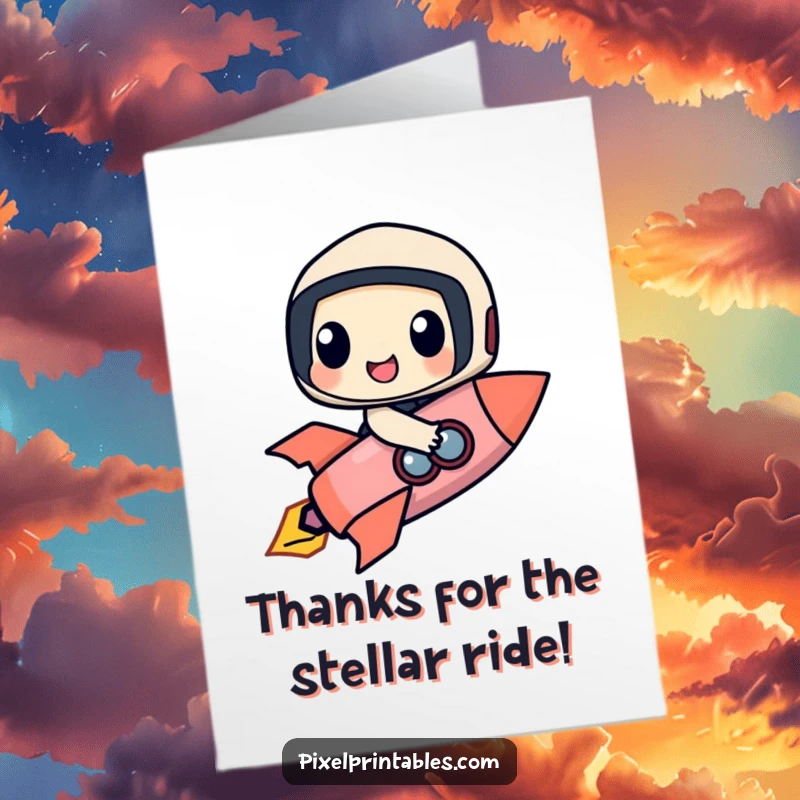 Funny Free Printable Thank You Card: A happy pixel character rides a rocket, symbolizing a swift and joyful journey of thanks.