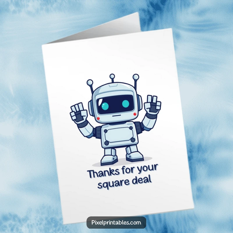 Funny Free Printable Thank You Card: A pixelated robot offering a cheerful, enthusiastic wave with square hands.