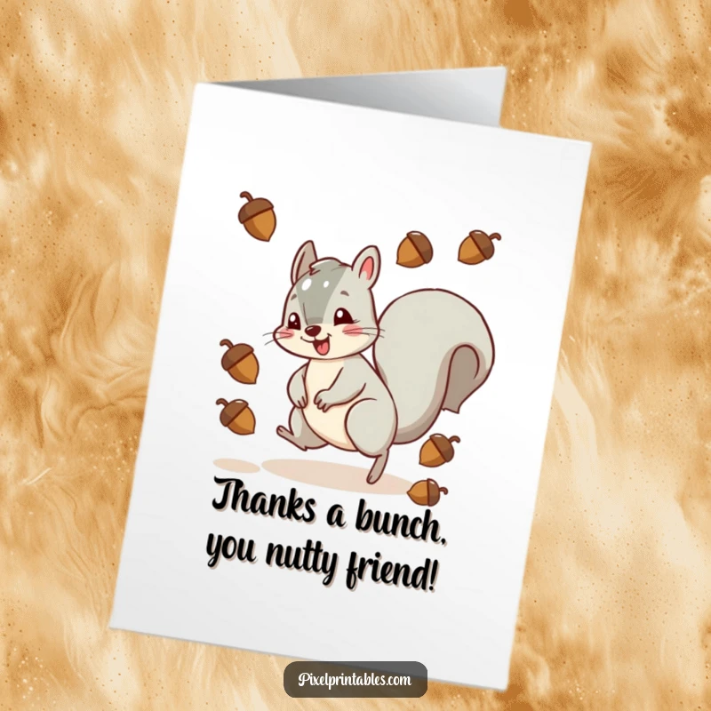 Funny Free Printable Thank You Card: A squirrel performs an acrobatic dodge from pixelated falling acorns, a grateful expression.