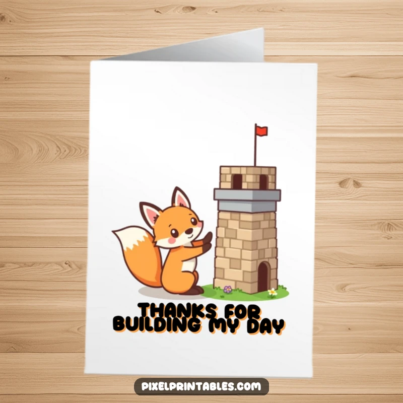 Funny Free Printable Thank You Card: A mischievous pixelated fox concentrating on building a tiny pixelated tower, a symbol of small achievements.