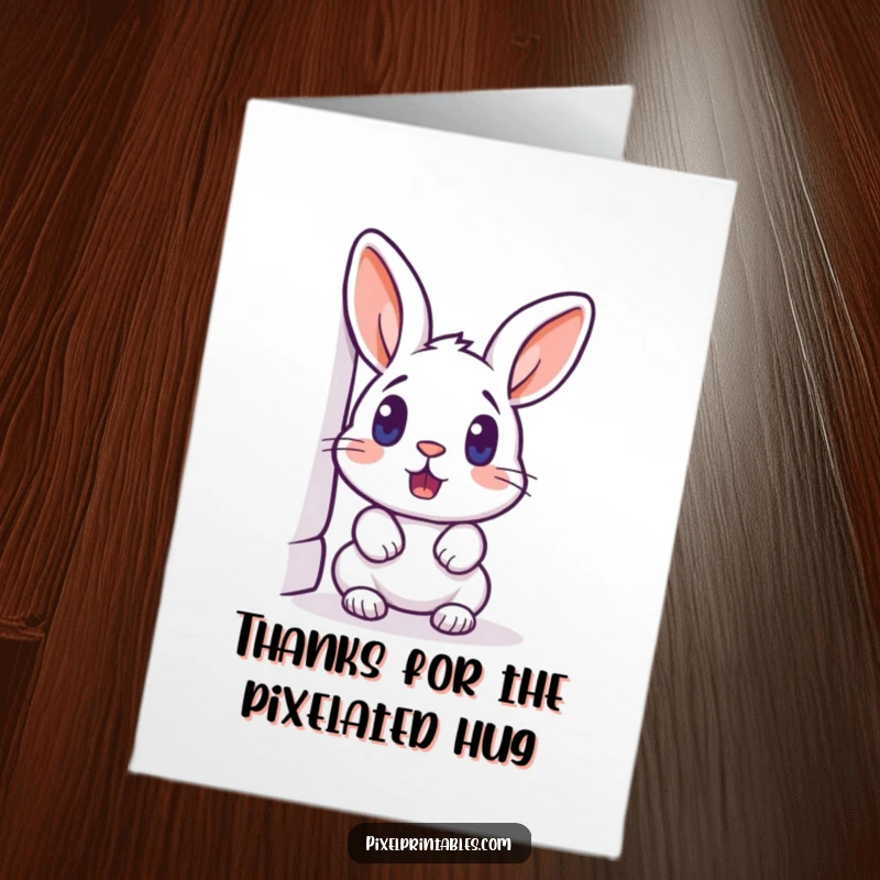 Funny Free Printable Thank You Card: A pixelated rabbit peeking around a corner with a surprised look, perfect for unexpected thanks.