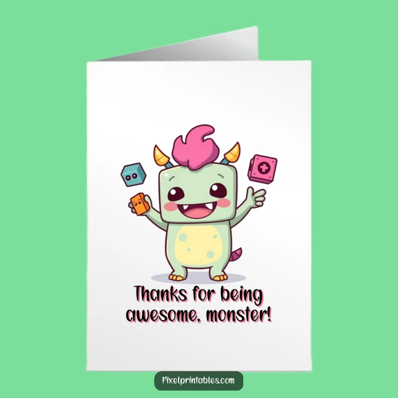 Free Printable Thank You Card: Juggling Monster Funny Downloadable for Gamer Thanks