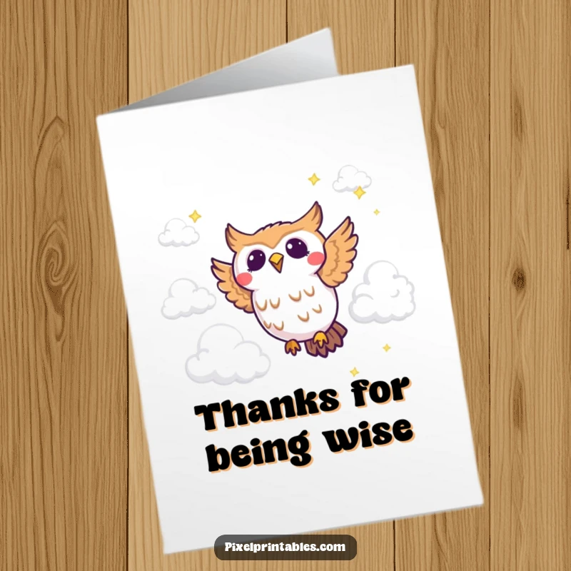 Funny Free Printable thank you card: A joyous pixelated owl flying through pixel clouds, offering thanks.