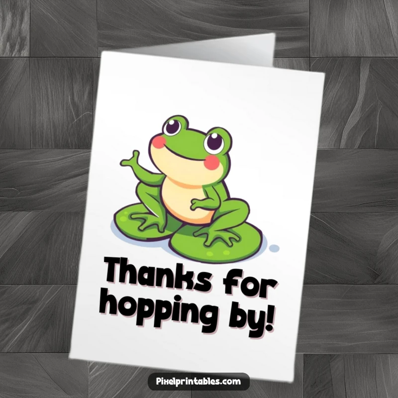 Funny Free Printable Thank You Card: A happy pixel frog hops on pixel lily pads, offering pixelated thanks.
