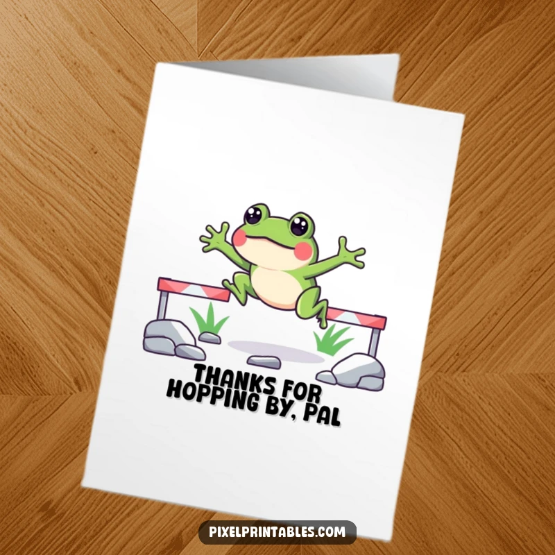 Funny Free Printable Thank You Card: Pixelated frog leaping over an obstacle, conveying thanks with a playful leap.