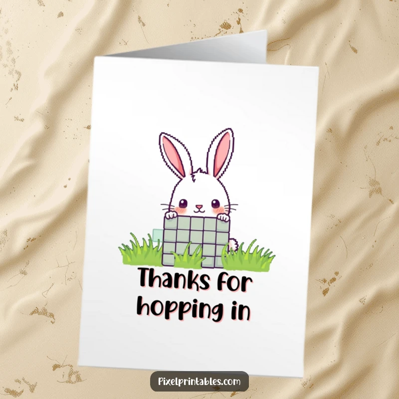 Funny Free Printable thank you card: A curious pixelated rabbit peeking from behind a pixel, expressing thanks.