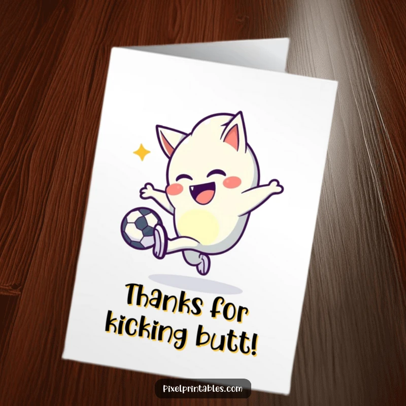 Funny Free Printable Thank You Card: Mischievous pixel character joyfully kicking a pixel ball, sending thanks playfully.