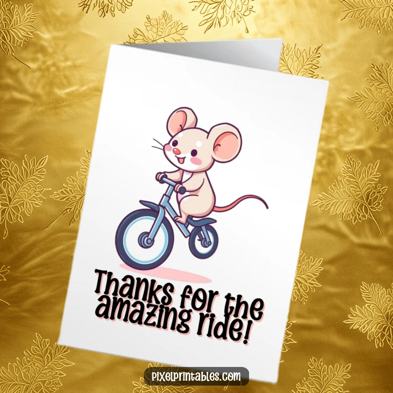 Funny Free Printable Thank You Card: A giggling pixelated mouse riding a pixelated unicycle, offering thanks with downloadable fun.