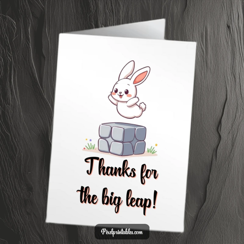 Funny Free Printable Thank You Card depicting a playful bunny leaping over a pixelated block, conveying thanks.