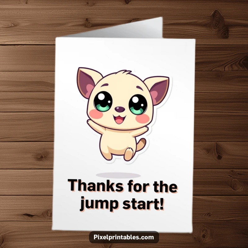 Funny Free Printable Thank You Card: A happy pixel creature making a big, joyful jump to say thanks.