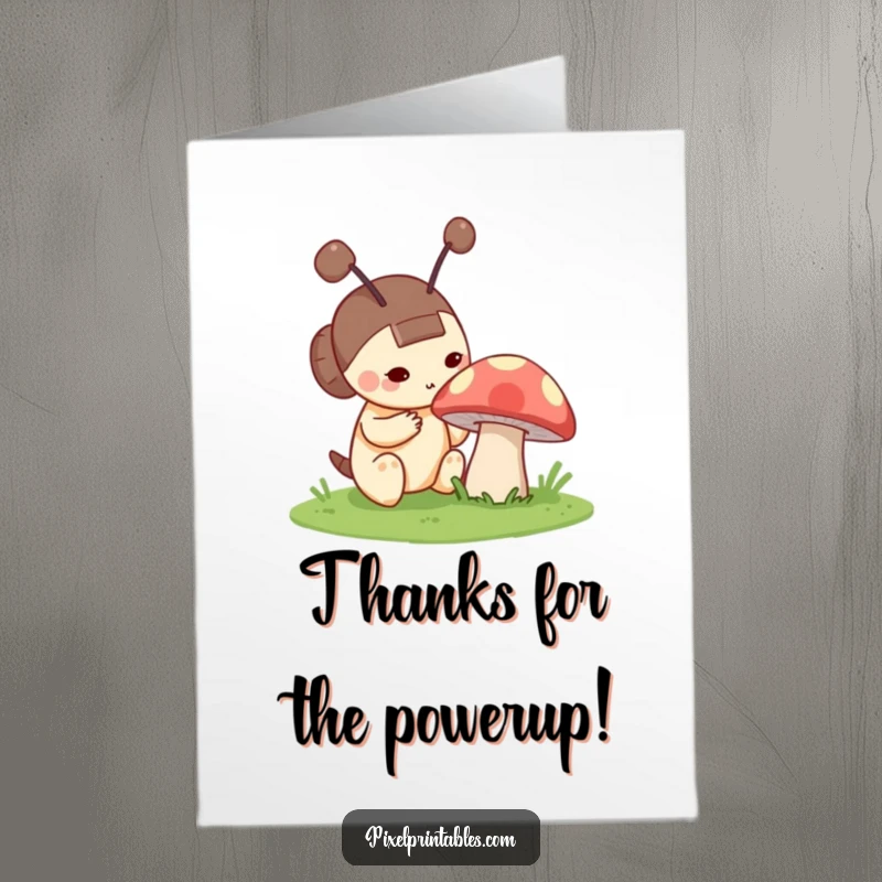 Funny Free Printable Thank You Card: A curious pixel character with antennae peers at a pixel mushroom, hinting at a delightful surprise.