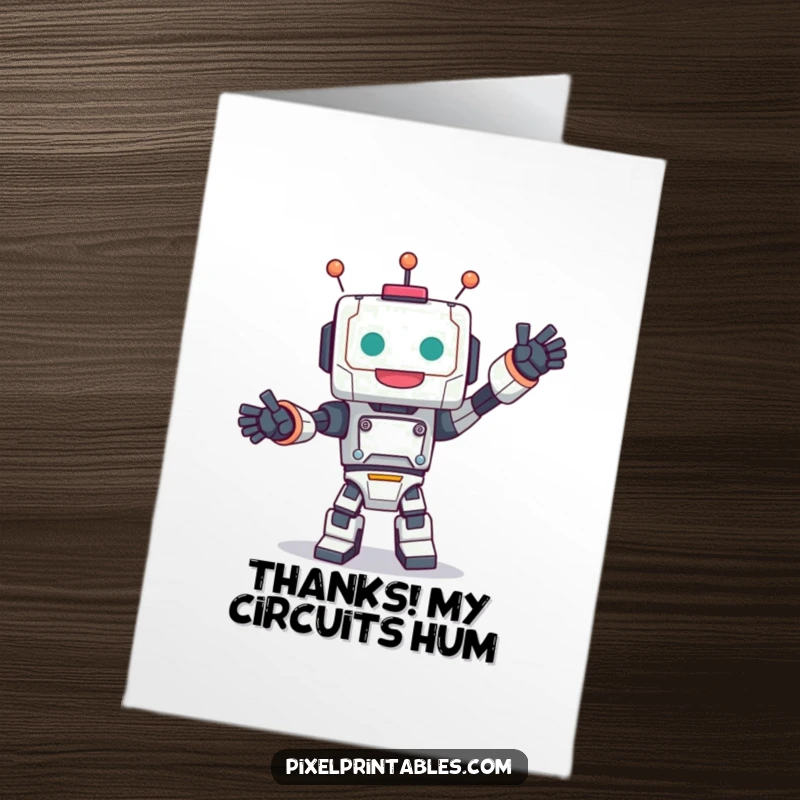Funny Free Printable Thank You Card: Cute blocky robot character doing a joyful dance, expressing thanks with robotic enthusiasm.