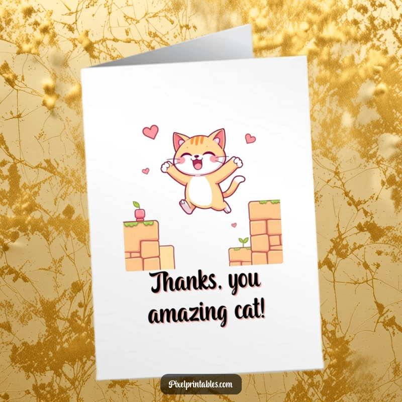 Funny Free Printable Thank You Card: Cheerful cat character leaping between pixelated platforms, a playful DIY gift.