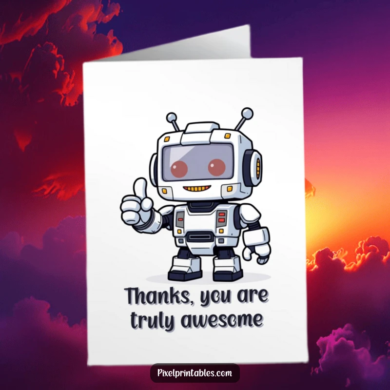 Funny Free Printable Thank You Card: A blocky, pixelated robot gives a warm thumbs up to show appreciation.