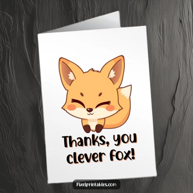 Funny Free Printable Thank You Card: A playful pixelated fox winks mischievously, conveying thanks.