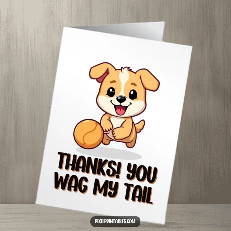 Funny Free Printable Thank You Card: Cheerful pixelated dog character chasing a bouncing ball, expressing thanks with playful spirit.