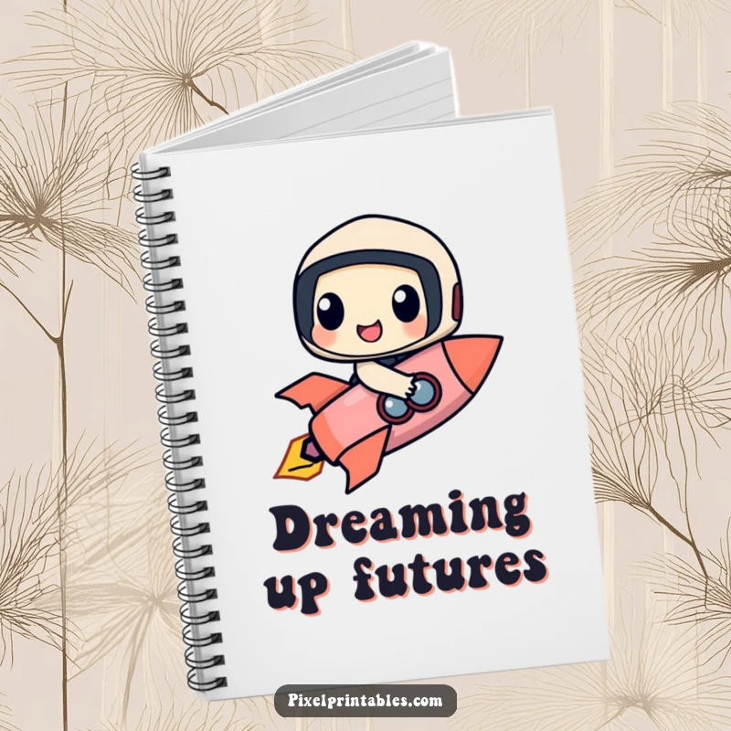 Funny notebook with a happy pixel character made of geometric shapes riding a pixelated rocket, perfect for notes and sketches.